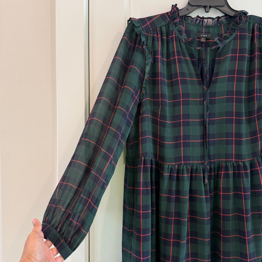 J. Crew Tie Neck Tiered Dress in Black Watch Tartan Green Navy Red Color sz XL - Picture 8 of 14